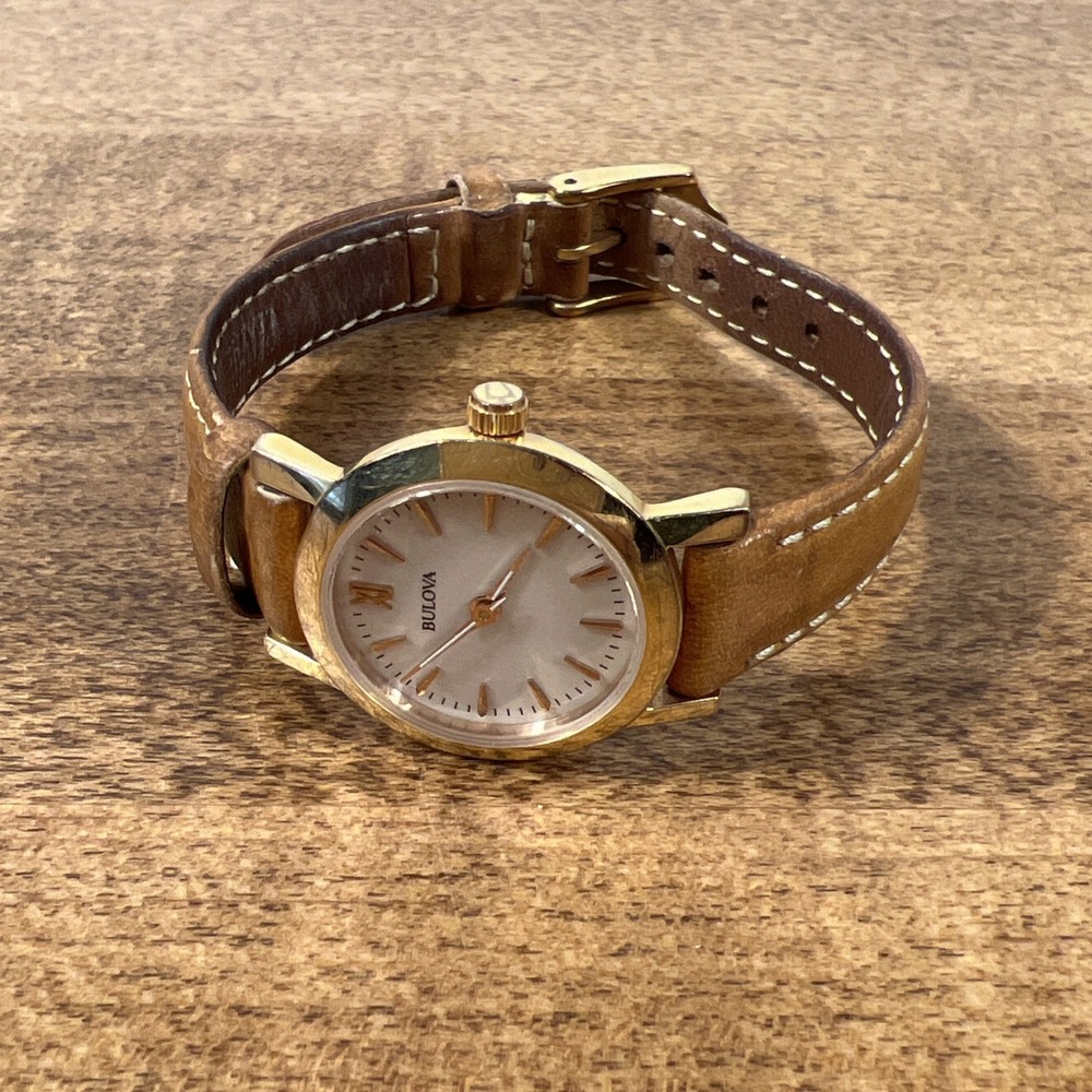 Bulova Women's Analog Brown Genuine Leather Gold Tone Quartz Watch Needs Battery - Picture 7 of 16